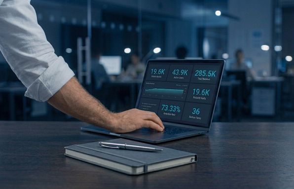 Ambiente de trabalho com dashboard de dados em um notebook